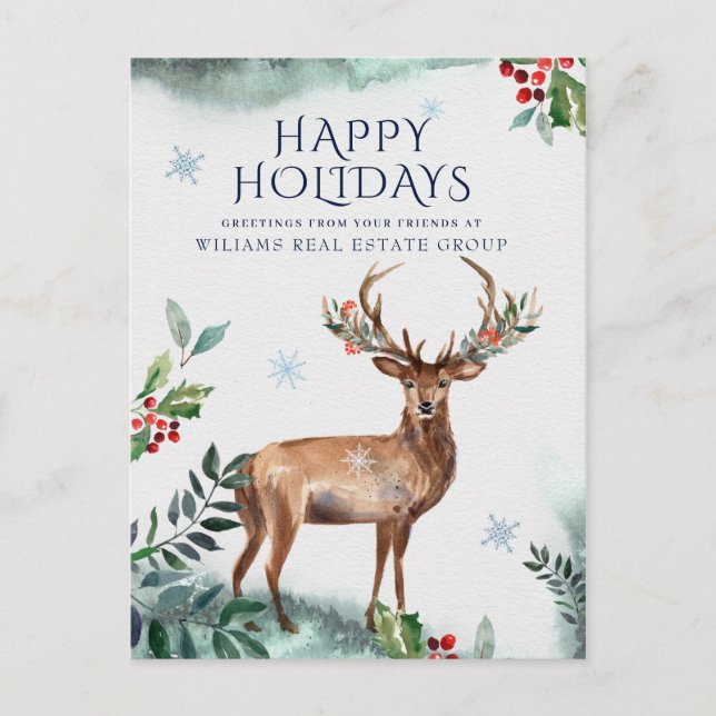 Elegant Holly Deer Christmas Corporate Greeting Postcard (Front)