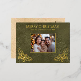 Elegant Holly Family Photo Green Faux Leather Foil Holiday Postcard