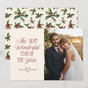 Elegant Holly First Marrried Christmas Photo Holiday Card