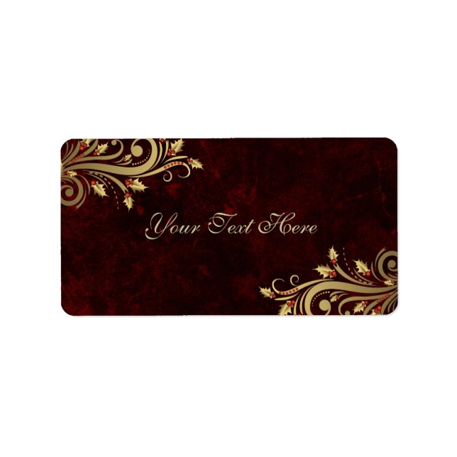 Elegant Holly Flourish Red Christmas Address Label (Front)