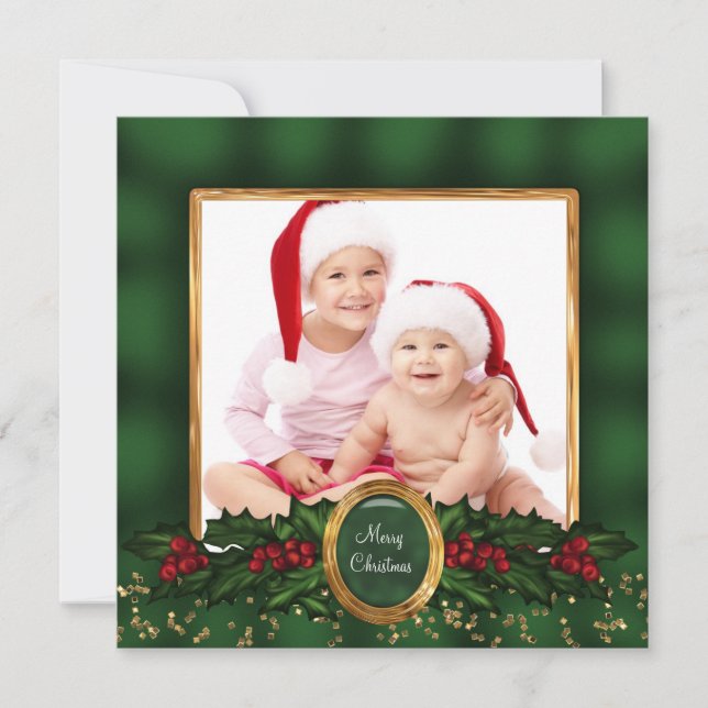 Elegant Holly Green Gold Photo Christmas Cards (Front)