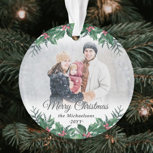 Elegant Holly Greenery 2 Photo Merry Christmas Ornament