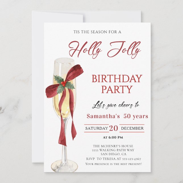 Elegant Holly Jolly christmas birthday Party Invitation (Front)