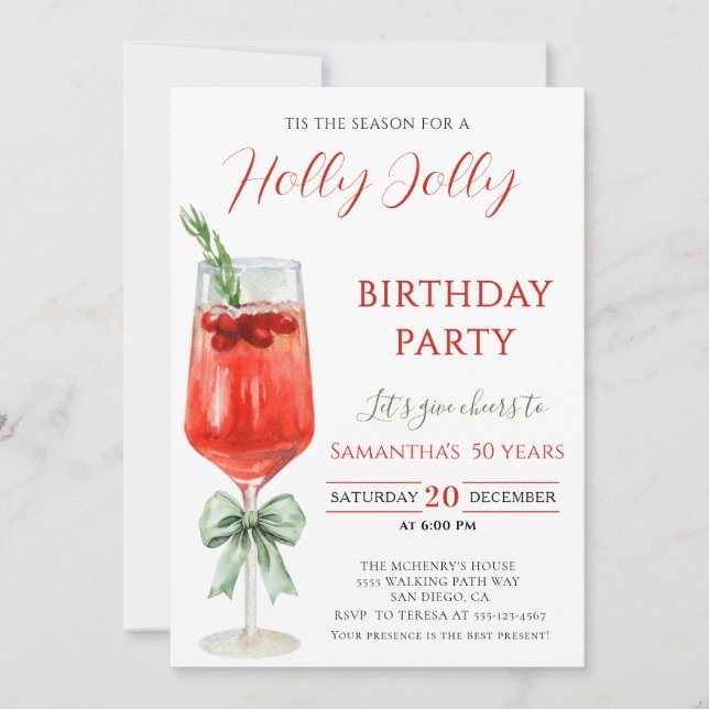 Elegant Holly Jolly christmas birthday Party Invitation (Front)