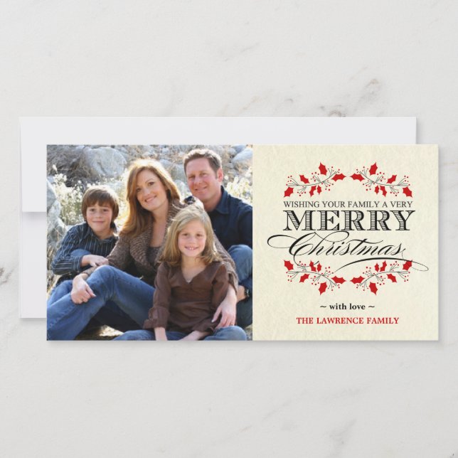Elegant Holly Merry Christmas Typography Holiday Card (Front)