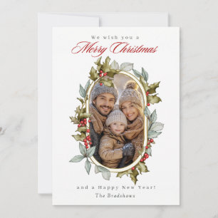 Elegant Holly Oval Family Photo Christmas Card
