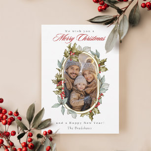 Elegant Holly Oval Family Photo Christmas Card