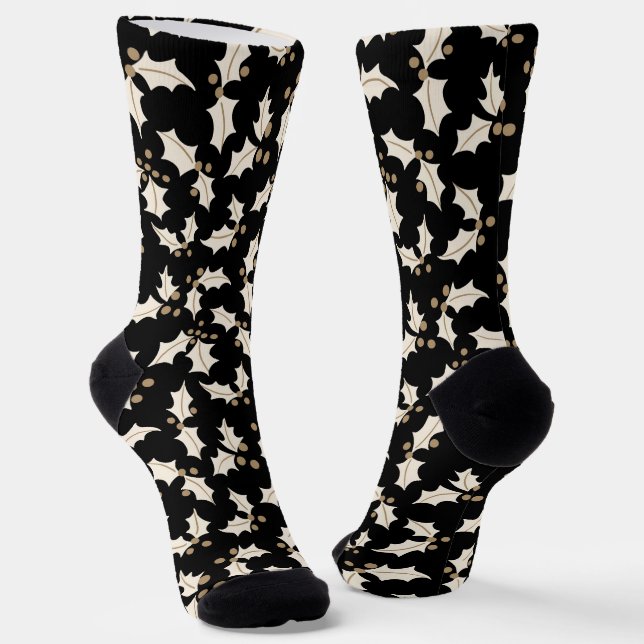 Elegant Holly Pattern Black, Ivory, Gold  Socks (Angled)