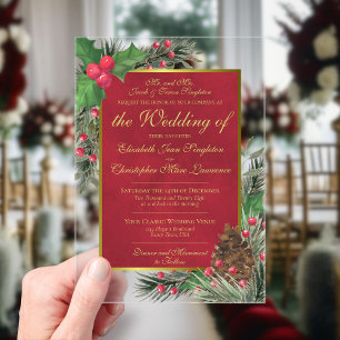 Elegant Holly & Pine Christmas or Holiday Wedding Acrylic Invitations