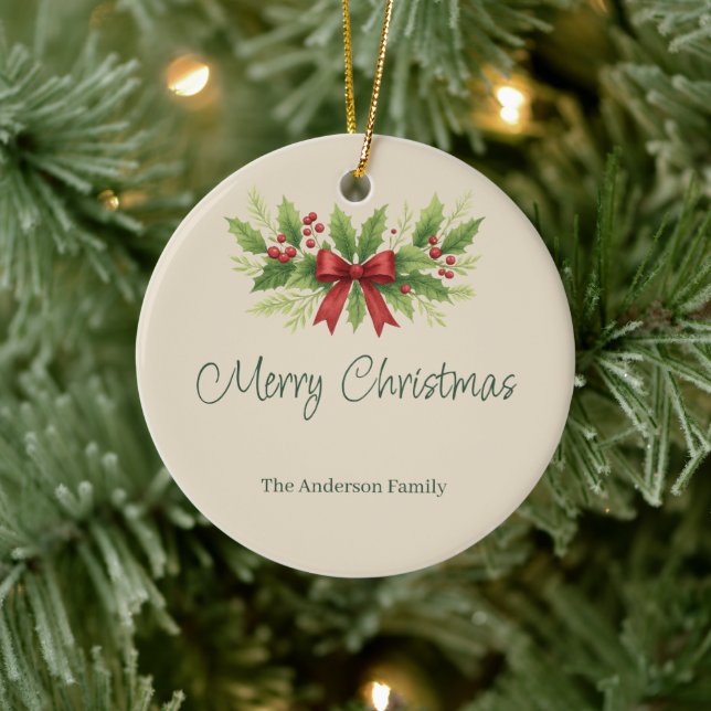 Elegant Holly & Red Bow Christmas -  Ceramic Tree Decoration (Tree)