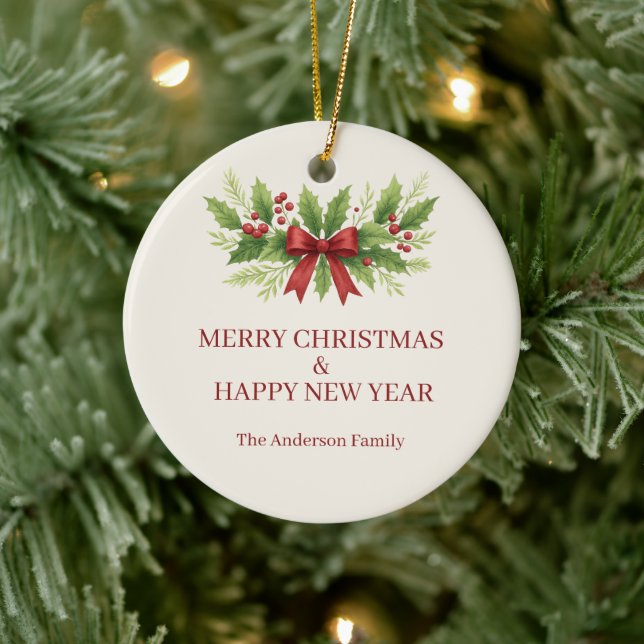 Elegant Holly & Red Bow Christmas -  Ceramic Tree Decoration (Tree)