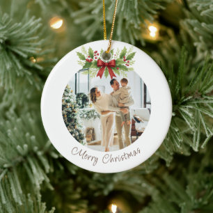Elegant Holly & Red Bow Christmas -  Ceramic Tree Decoration