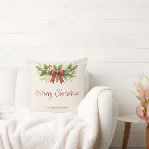 Elegant Holly & Red Bow Christmas -  Cushion