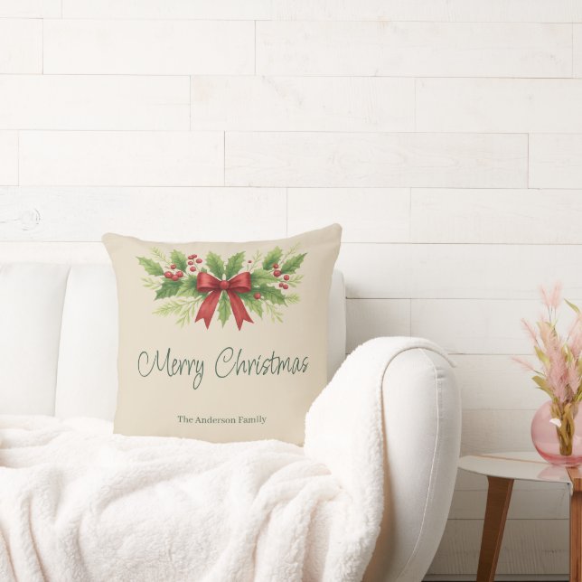 Elegant Holly & Red Bow Christmas -  Cushion (Couch)