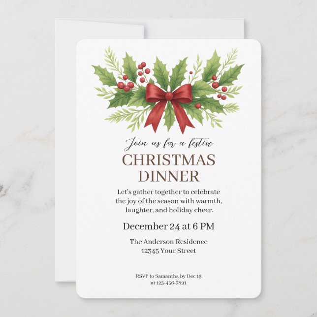 Elegant Holly & Red Bow Christmas Dinner -  Invitation (Front)