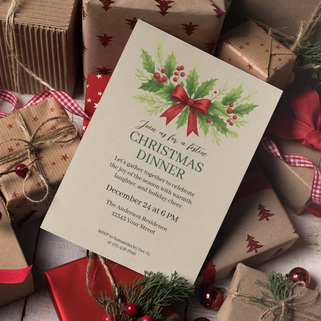 Elegant Holly & Red Bow Christmas Dinner -  Invitation (Creator Uploaded)
