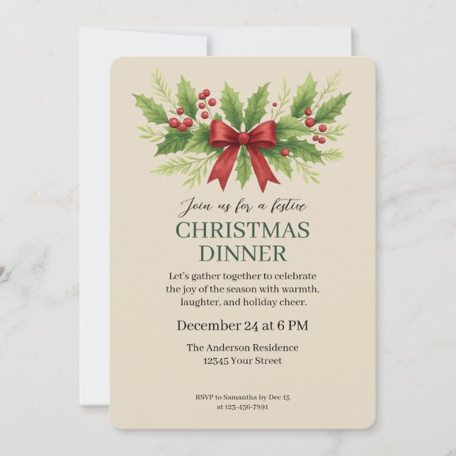 Elegant Holly & Red Bow Christmas Dinner -  Invitation (Front)