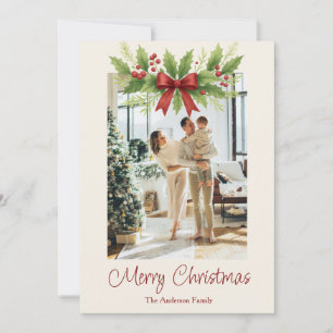 Elegant Holly & Red Bow Christmas -  Holiday Card