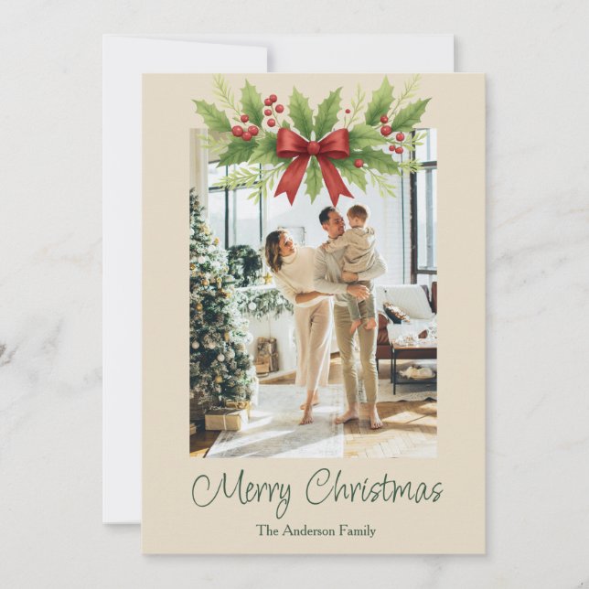 Elegant Holly & Red Bow Christmas Holiday Card (Front)