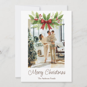 Elegant Holly & Red Bow Christmas -  Holiday Card
