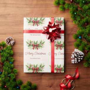Elegant Holly & Red Bow Christmas - Wrapping Paper