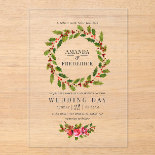 Elegant Holly Wreath Christmas Wedding Acrylic Invitations