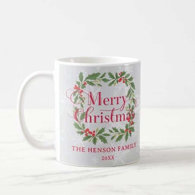 Elegant Holly Wreath Merry Christmas Family Coffee Mug (Left)