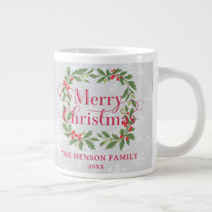Elegant Holly Wreath Merry Christmas Family Large Coffee Mug