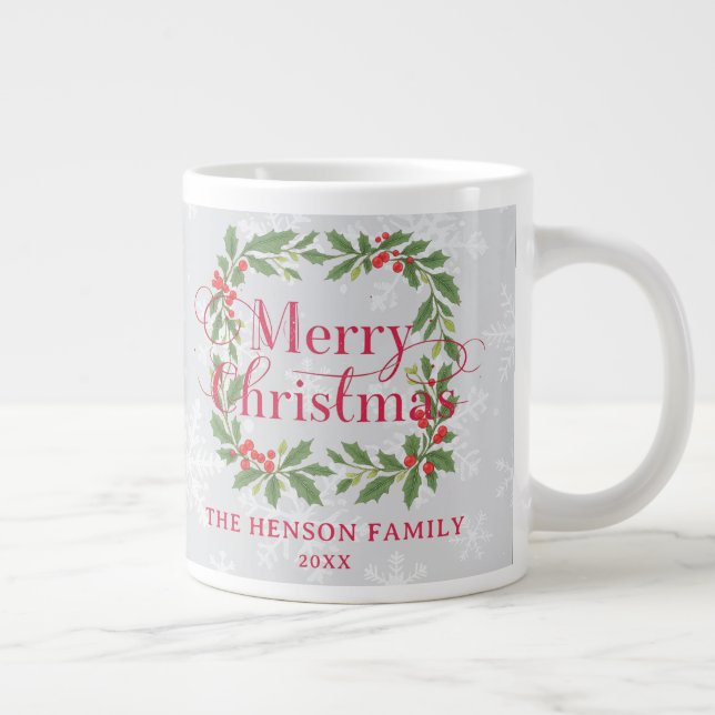 Elegant Holly Wreath Merry Christmas Family Large Coffee Mug (Right)