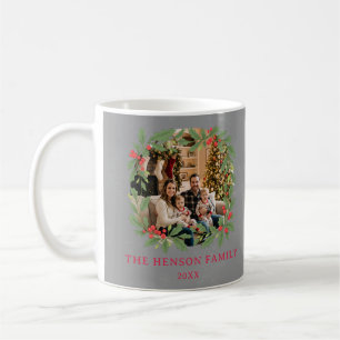 Elegant Holly Wreath Merry Christmas Family Photo Coffee Mug