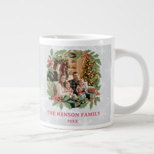 Elegant Holly Wreath Merry Christmas Family Photo Large Coffee Mug
