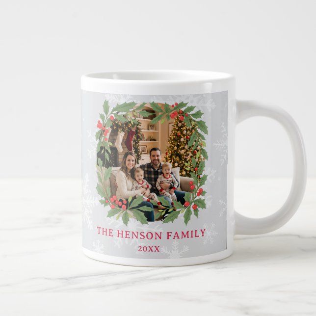 Elegant Holly Wreath Merry Christmas Family Photo Large Coffee Mug (Right)