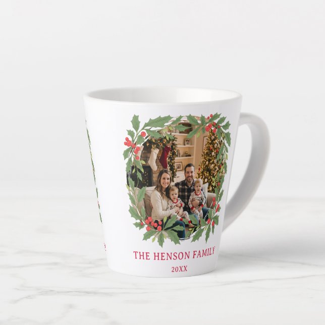 Elegant Holly Wreath Merry Christmas Family Photo Latte Mug (Right Angle)