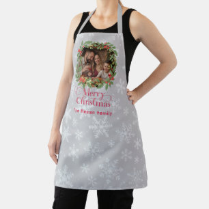 Elegant Holly Wreath Merry Christmas Photo Apron