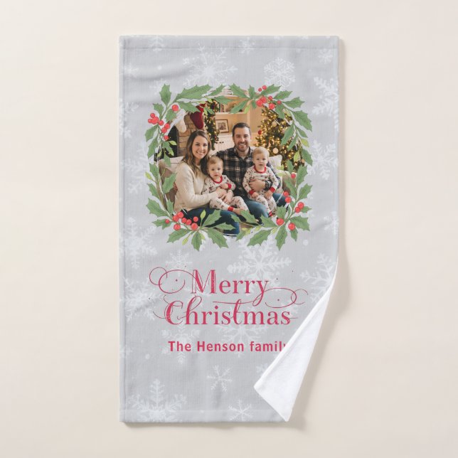 Elegant Holly Wreath Merry Christmas Photo Bath Towel Set (Hand Towel)
