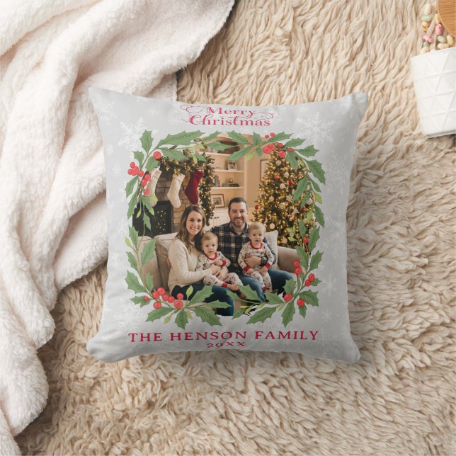 Elegant Holly Wreath Merry Christmas Photo Cushion (Blanket)