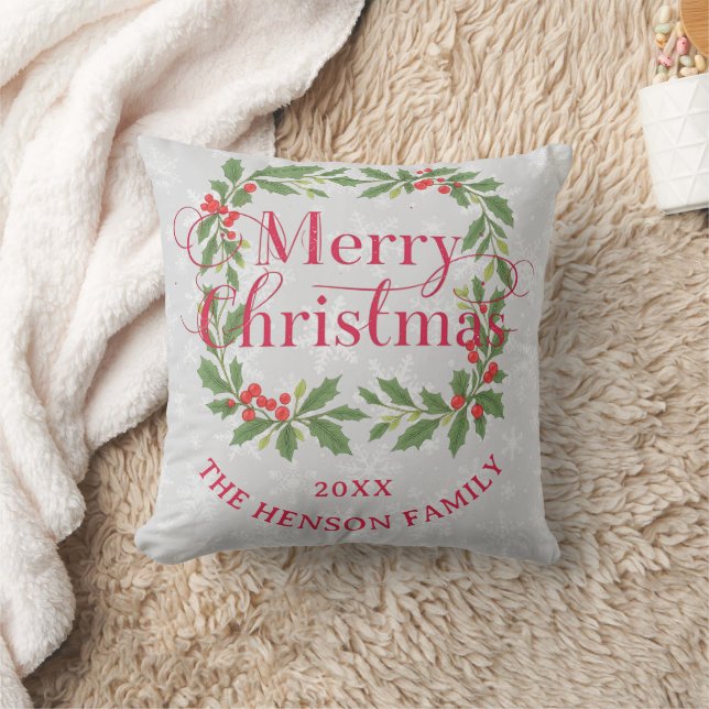Elegant Holly Wreath Merry Christmas Photo Cushion (Blanket)
