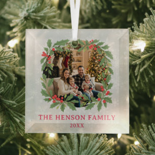 Elegant Holly Wreath Merry Christmas Photo Glass Tree Decoration