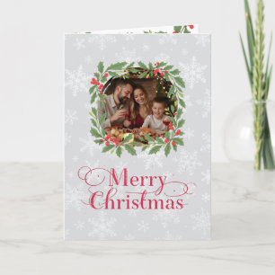 Elegant Holly Wreath Merry Christmas Photo Holiday Card