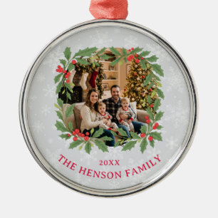 Elegant Holly Wreath Merry Christmas Photo Metal Tree Decoration