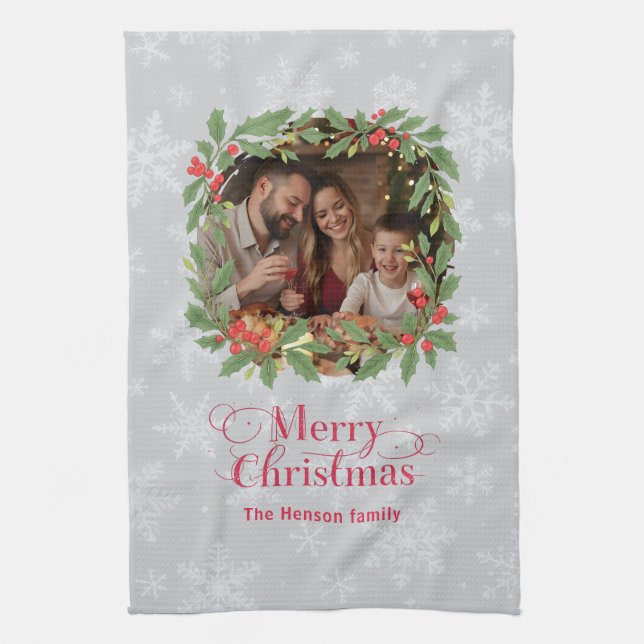 Elegant Holly Wreath Merry Christmas Photo Tea Towel (Vertical)