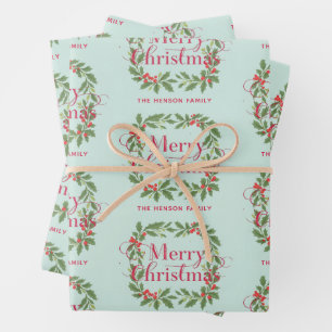 Elegant Holly Wreath Merry Christmas Wrapping Paper Sheet