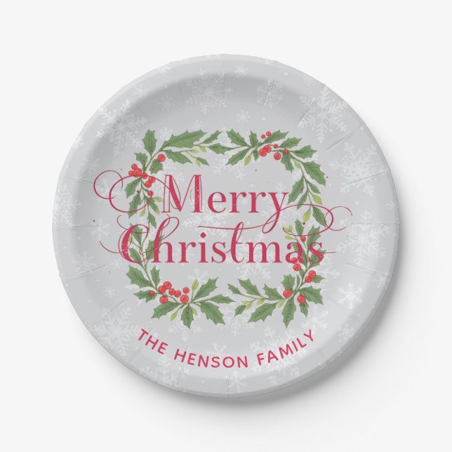 Elegant Holly Wreath Snowflakes Merry Christmas Paper Plate (Front)