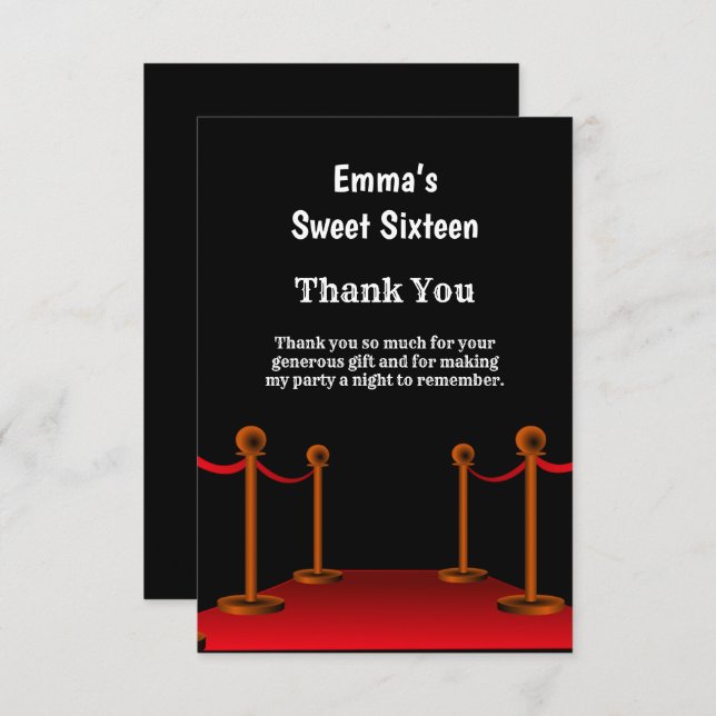 Elegant Hollywood Red Carpet Sweet 16 Birthday   Thank You Card (Front/Back)