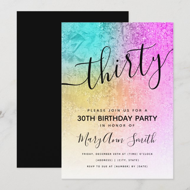 Elegant Hologram Glitter Birthday Thirty Invitation (Front/Back)