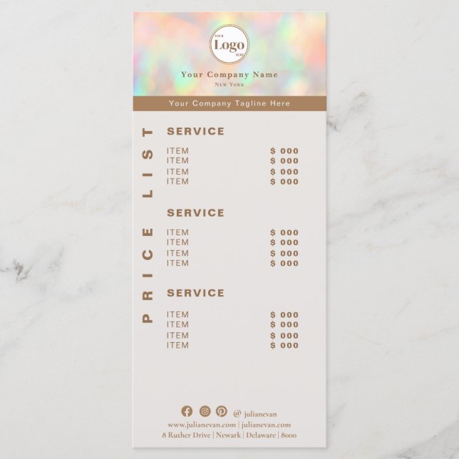 Elegant Holographic Beautician Price List Service Menu (Front)