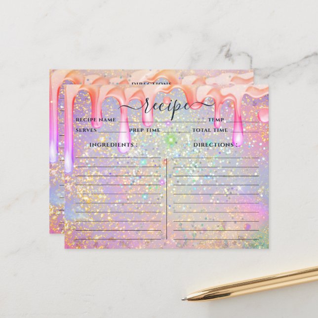 Elegant Holographic Drip Gold Glitter Recipe Cards (Front/Back In Situ)