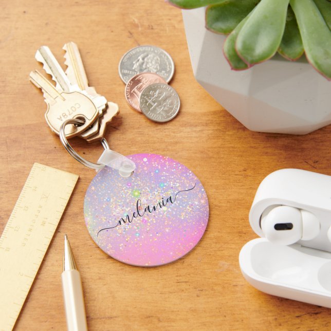 Elegant Holographic Glam Glitter Sparkle Rose Gold Key Ring (Desk)