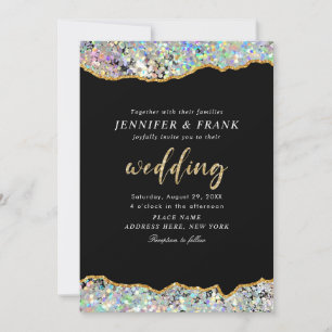 Elegant Holographic Glitter Agate Black Modern Invitation
