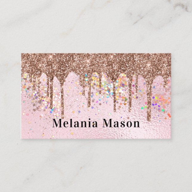 Elegant Holographic Glitter Artist Gold Drips Business Card (Front)